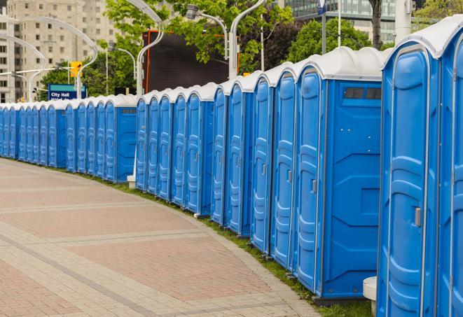 a line of brightly-colored portable restrooms, perfect for outdoor festivals and concerts in Alamo CA